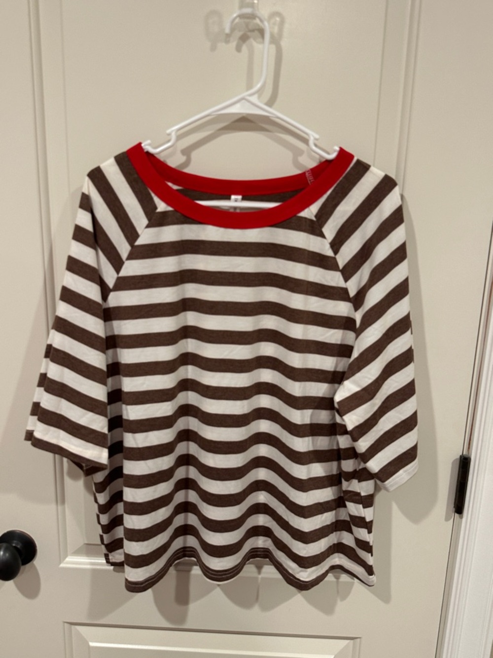 Striped Brown & White Tee with Red Trim